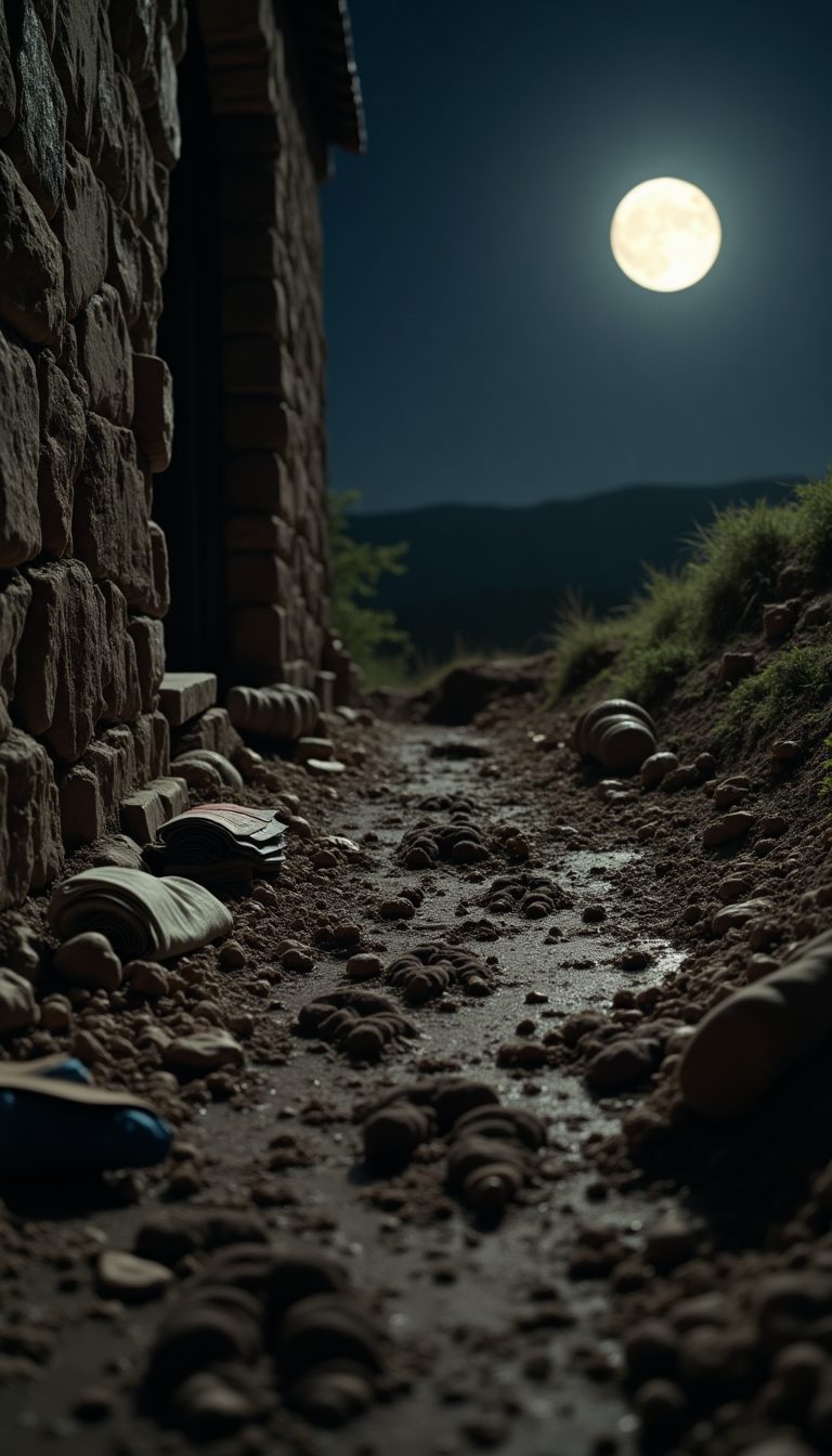 Ilustración de un camino de tierra junto a un muro de piedra bajo la luna
