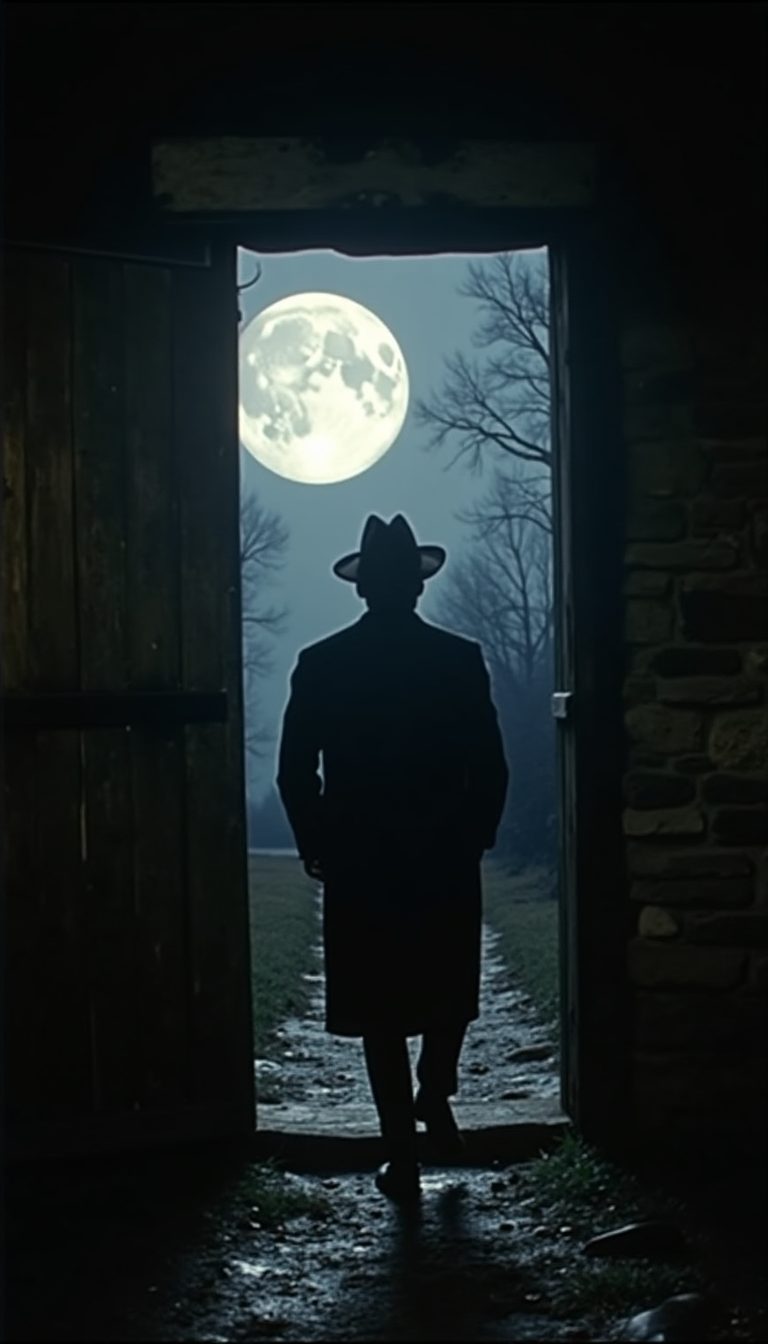 Ilustración de un hombre con sombrero saliendo de una puerta bajo la luna