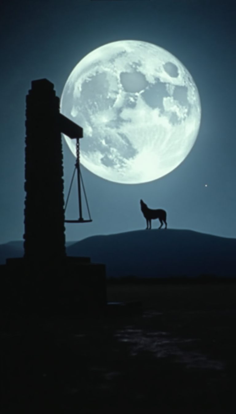 Ilustración de la silueta de un lobo aullando ante la luna llena